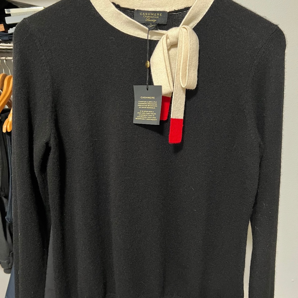Charter Club Luxury Cashmere Bow Sweater in BLK, Size Small